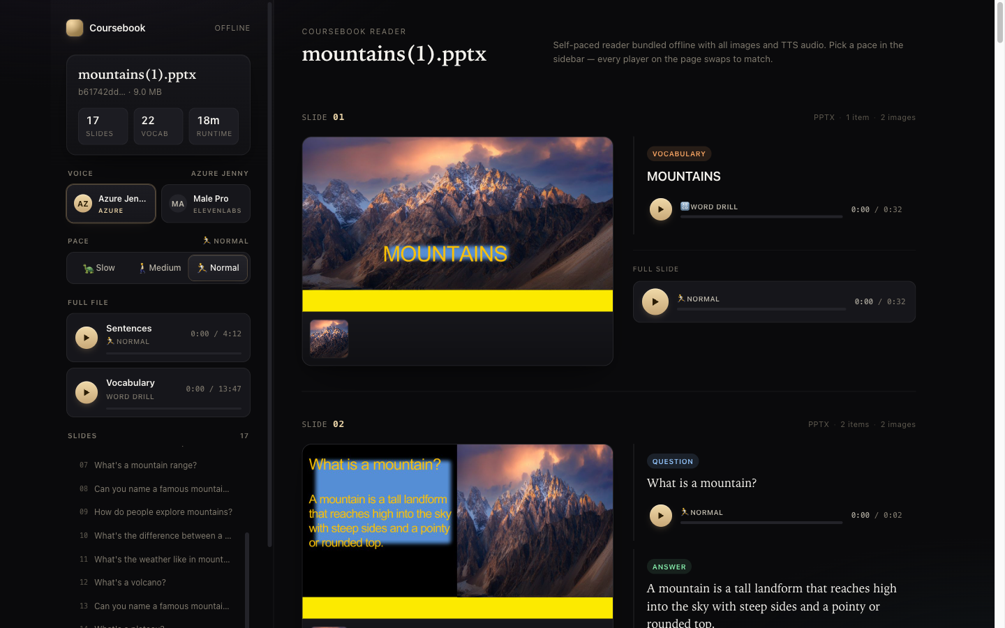 The Languages Lab student viewer with per-item audio drills